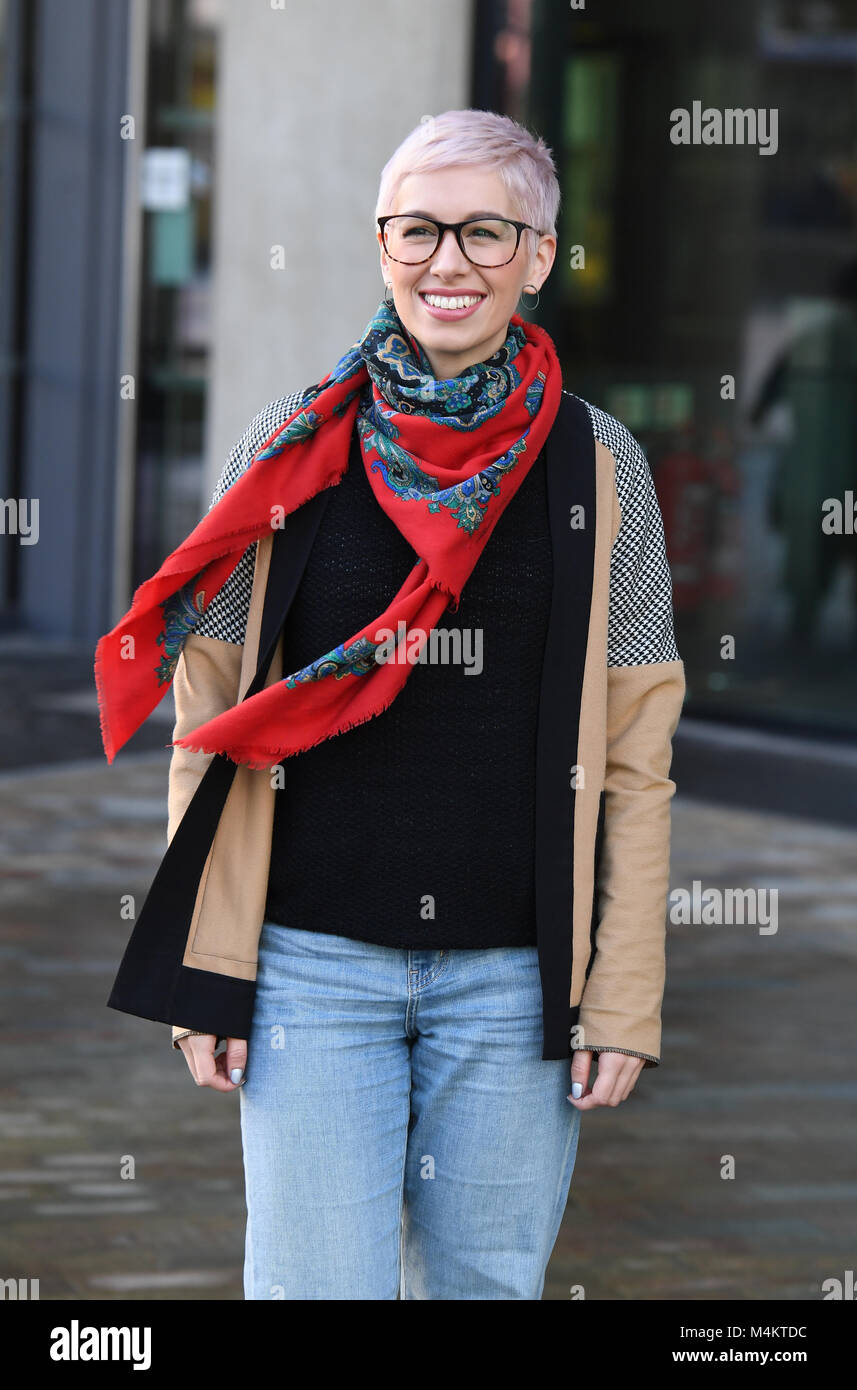 SuRie - real name Susanna Cork spotted leaving the BBC Breakfast Studios at Media City Manchester. Stock Photo
