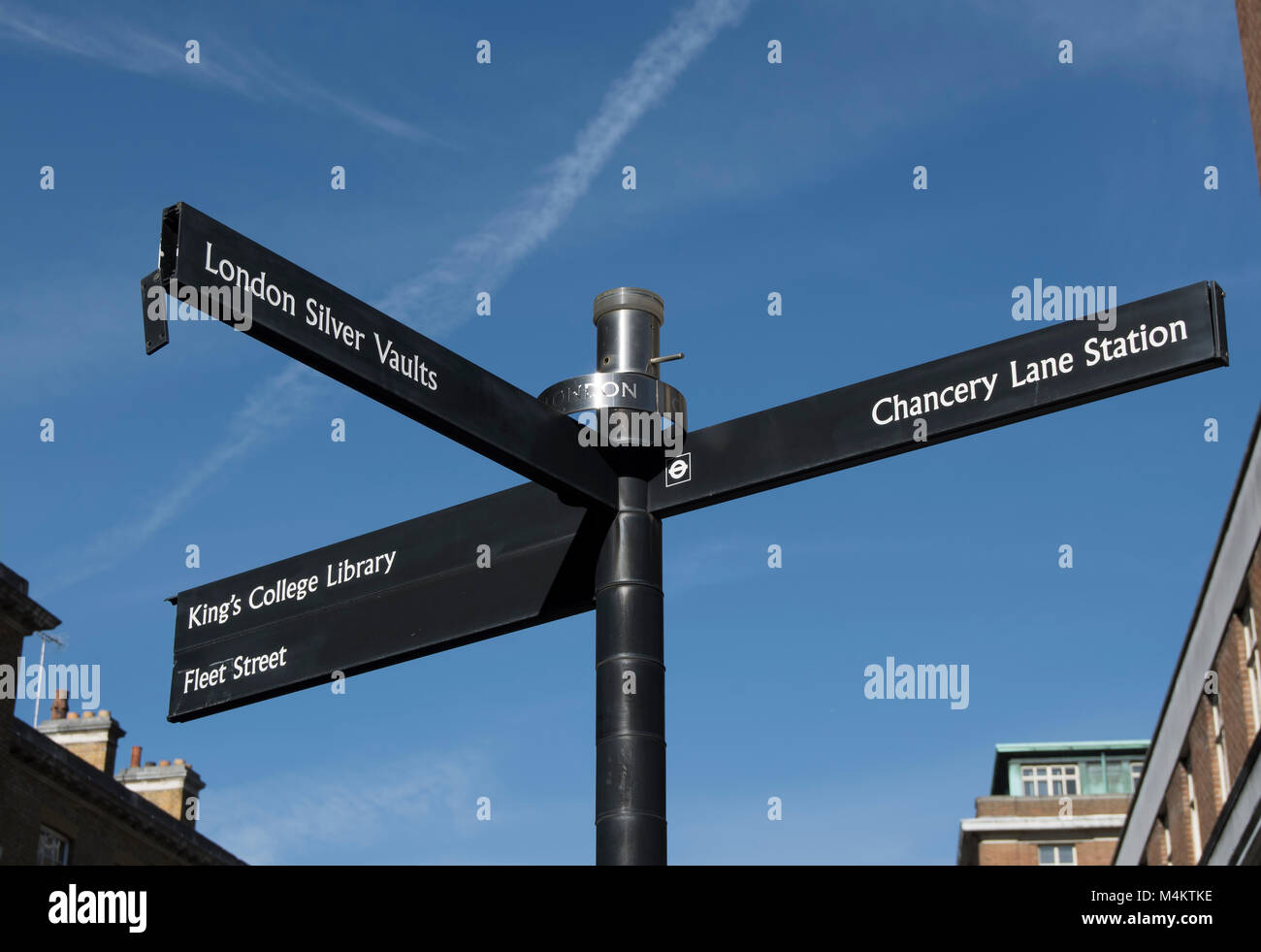 wayfinding sign on chancery lane, london, with directions to chancery lane station, the london silver vaults, fleet street and kings college library Stock Photo