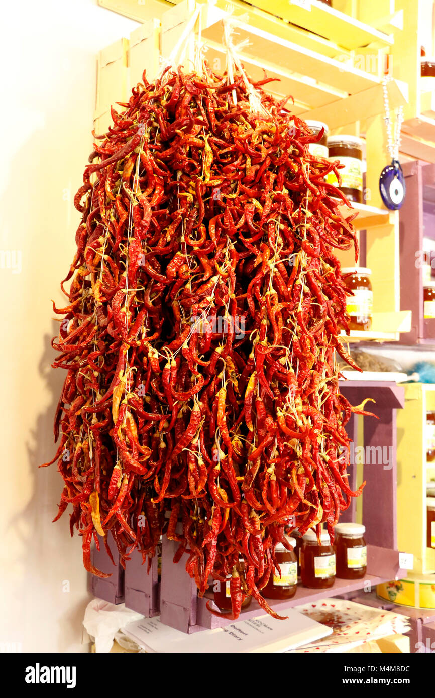 Dried chili peppers hanging Stock Photo Alamy