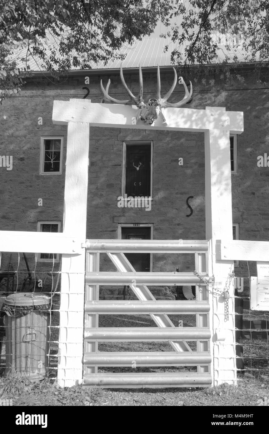 The front gate of the Aztec Mill in Cimarron, New Mexico. Stock Photo