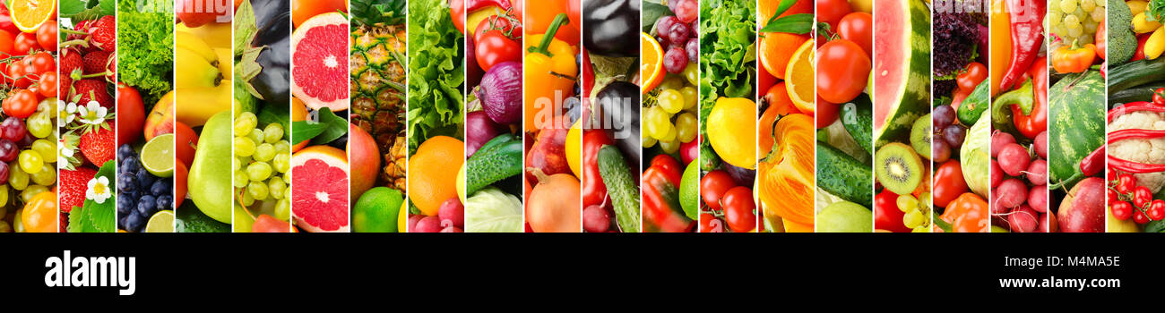 Panoramic collage with fresh fruits and vegetables. Vertical stripes Stock Photo