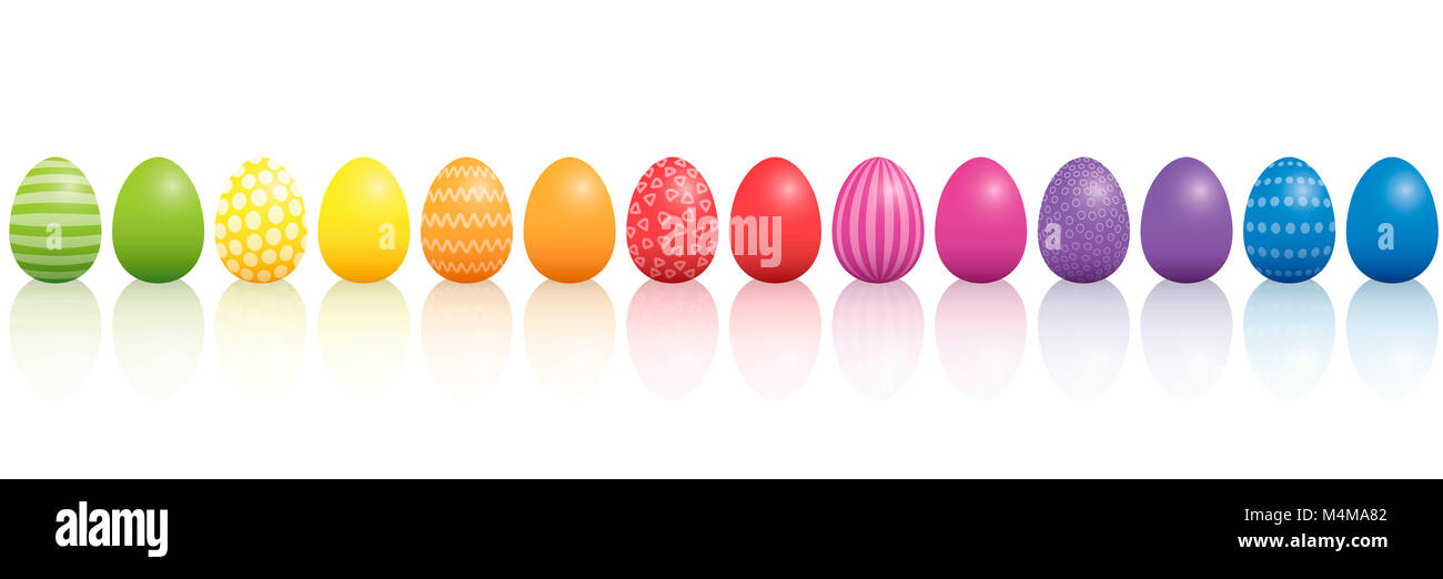Easter eggs. Lined up with different colors and patterns. Rainbow colored three-dimensional illustration on white background. Stock Photo