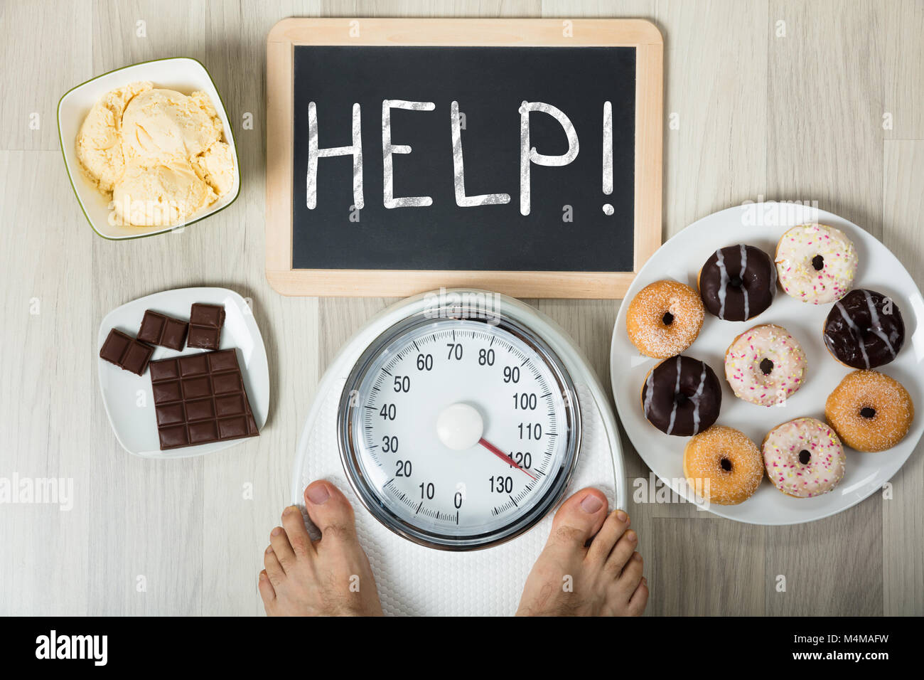 A Man's Feet On Weight Scale With Desserts And Help Text Written On Slate Stock Photo