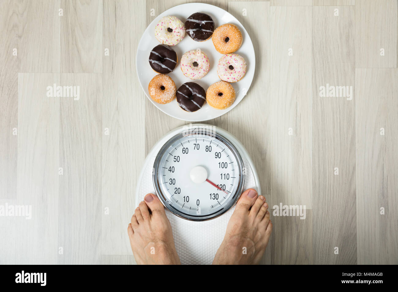 A Person's Feet On Weight Scale With Dish Of Donuts On Floor Stock Photo