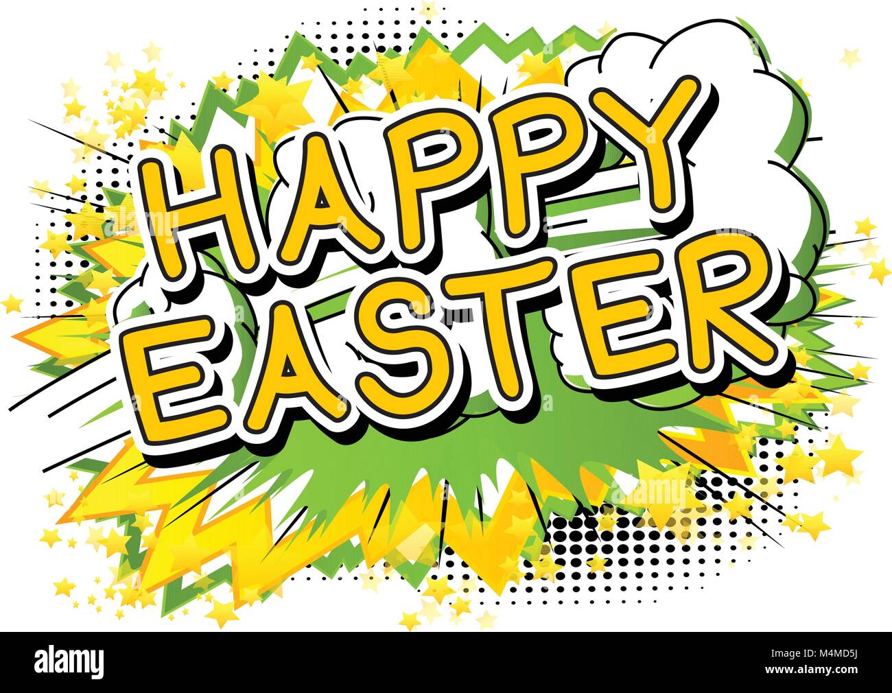 Happy Easter text on comic book background. Vector cartoon character