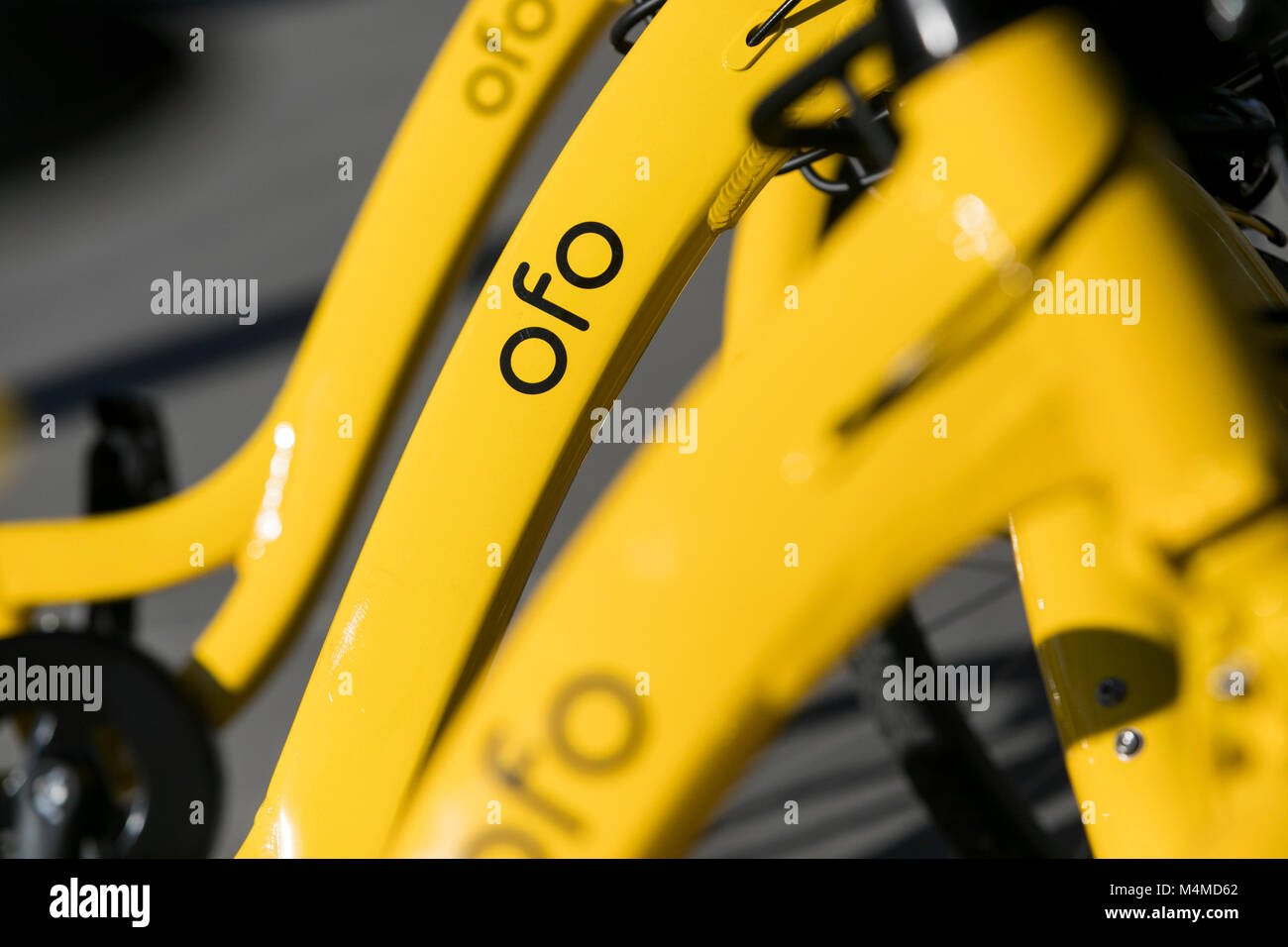 A row of Ofo dock-less bicycle-sharing bikes in Tempe, Arizona, on February 3, 2018. Stock Photo