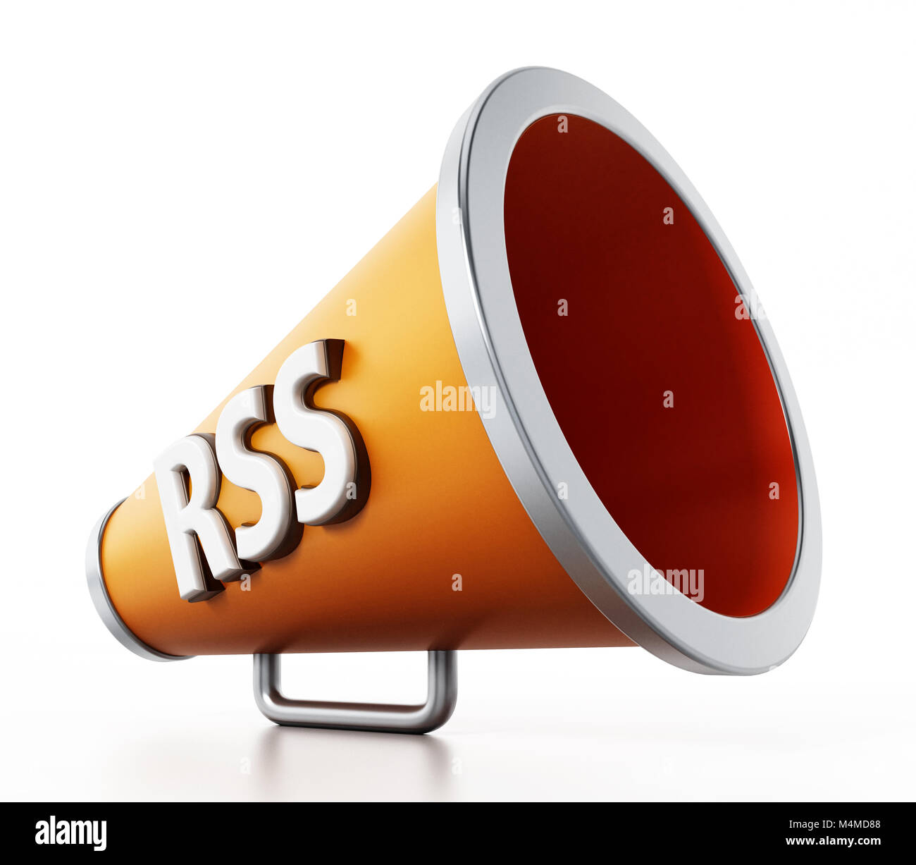Orange megaphone with RSS text isolated on white background. 3D