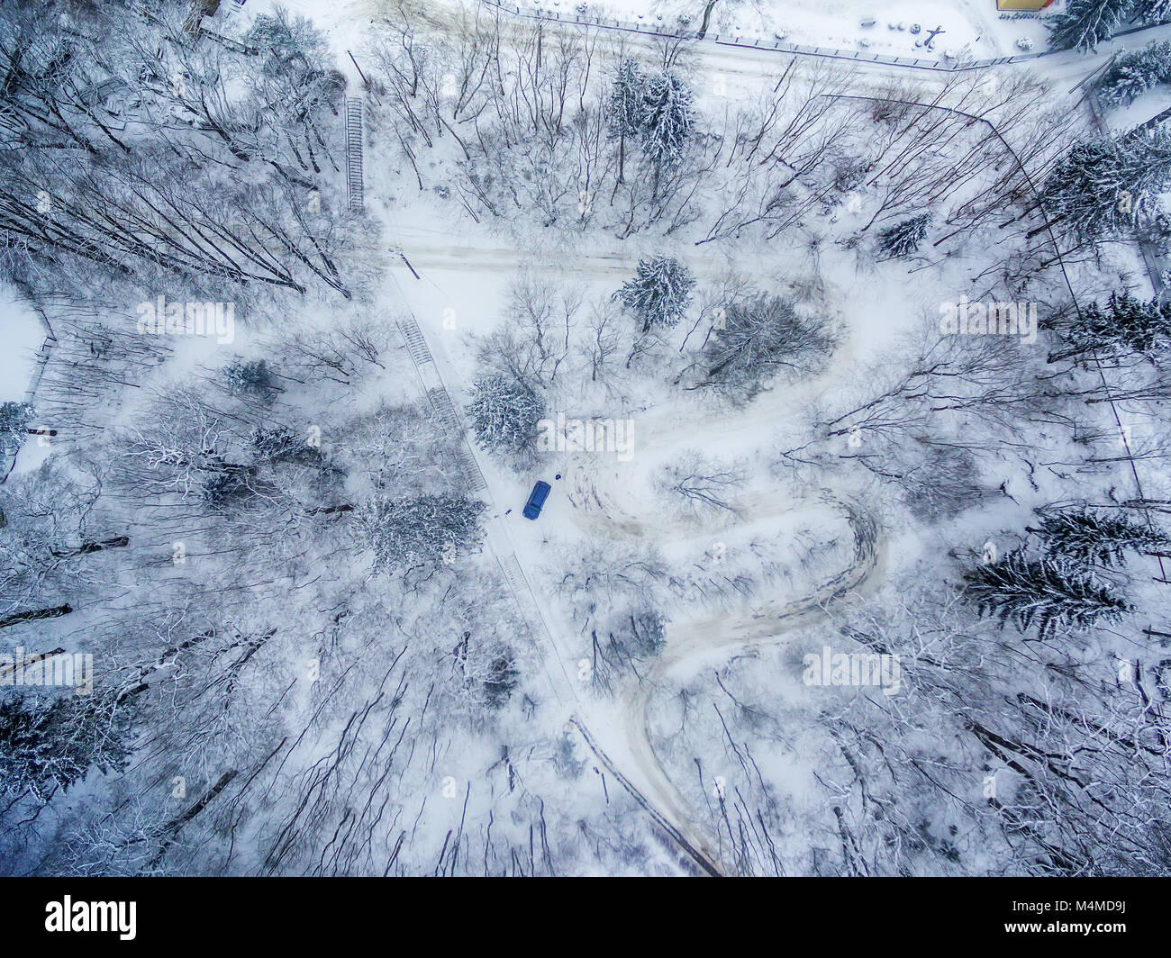 Winter in Vilnius Lithuania: aerial view of Tuputiskes Seprentine Road Stock Photo