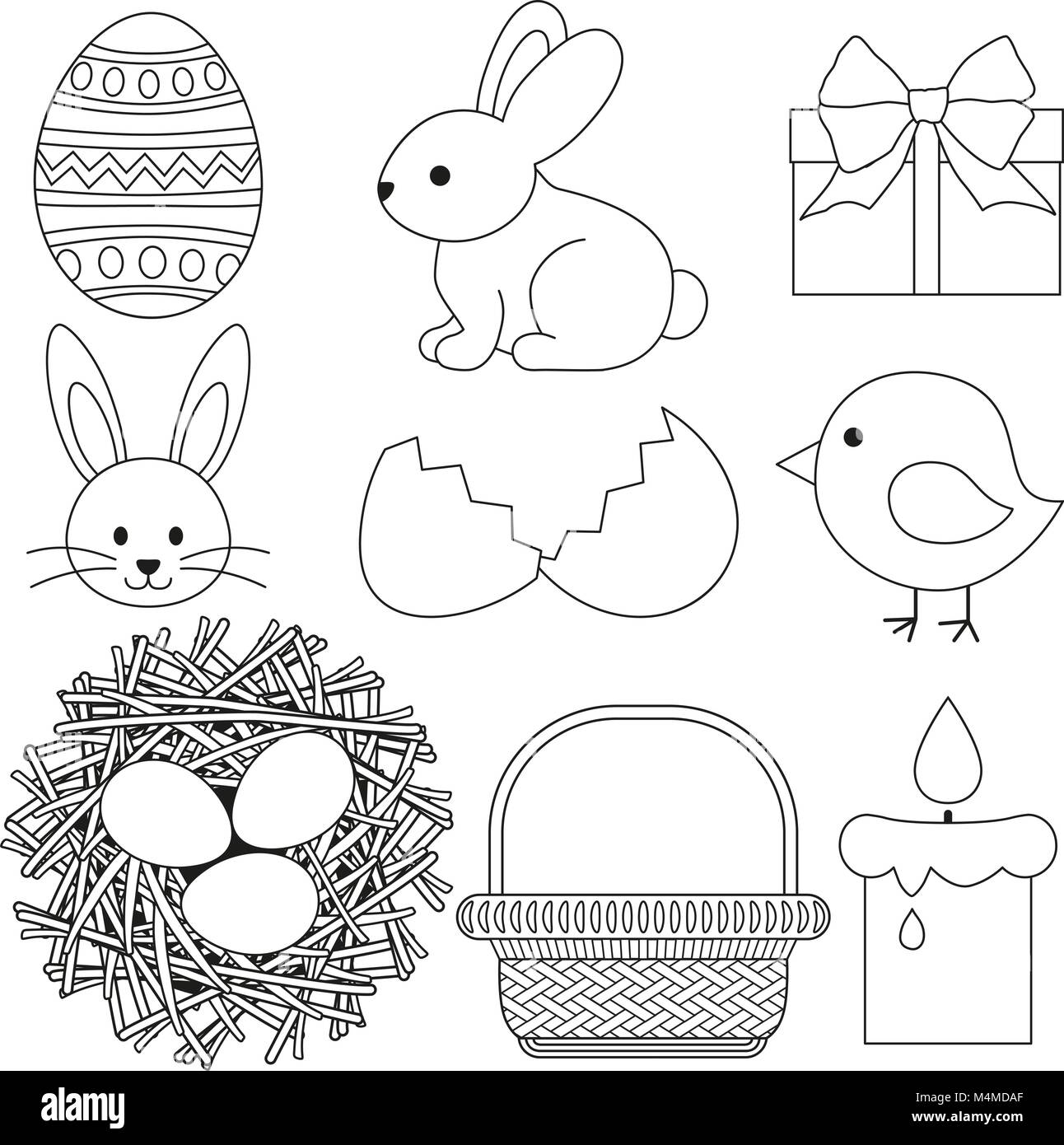 Line art black and white easter icon set 9 elements. Stock Vector