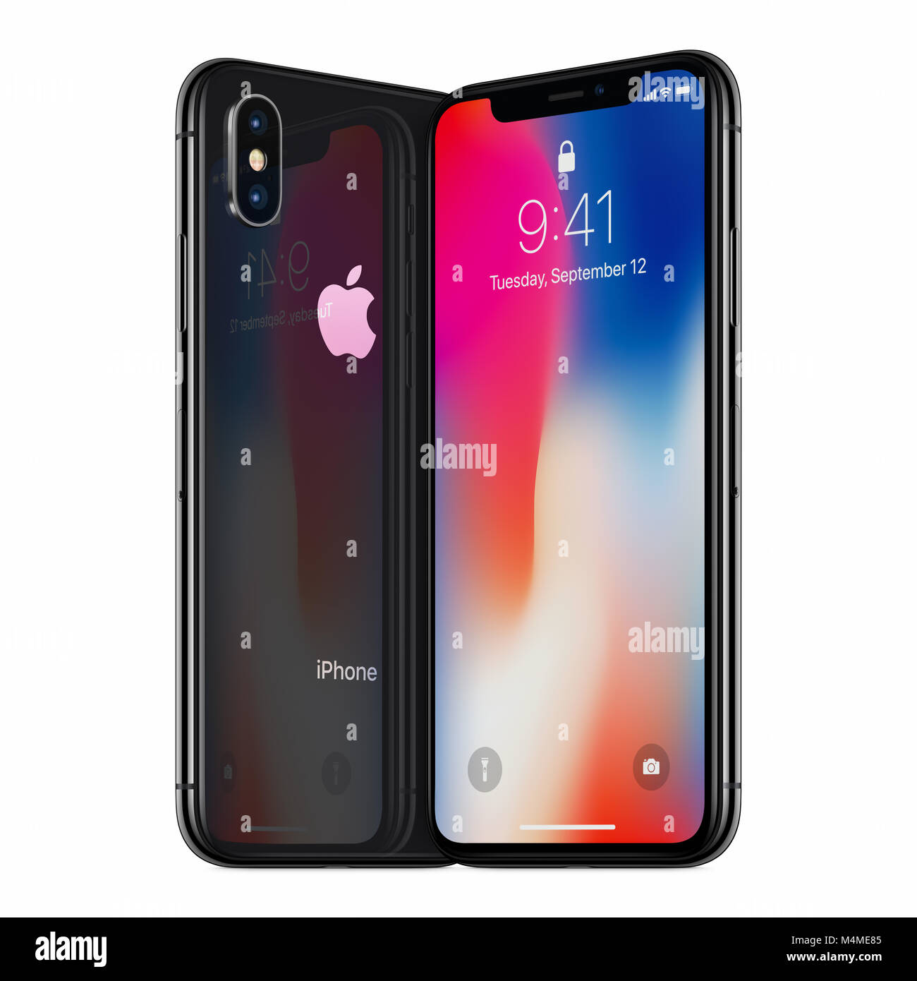 Space Gray turned Apple iPhone X mockup front side and back side facing each other. Stock Photo