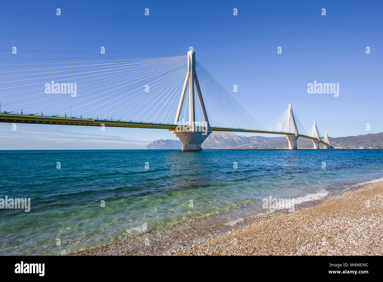 distant view of suspension bridge Rio - Antirio near Patra, Greece Stock Photo