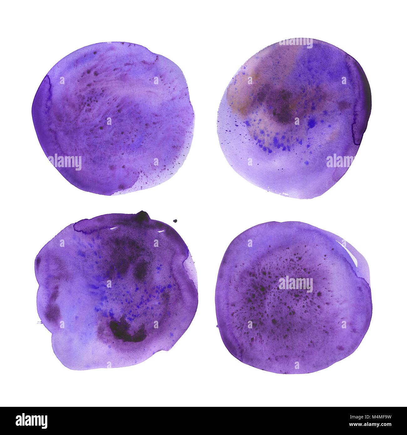 Set of hand drawn watercolor ultraviolet spots. Collection purple round stains. Isolated on white background. Wet texture, grained paper. A deep satur Stock Photo