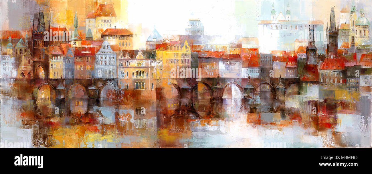 View Of The Old Town In Prague Acrylic Painting Stock Photo Alamy