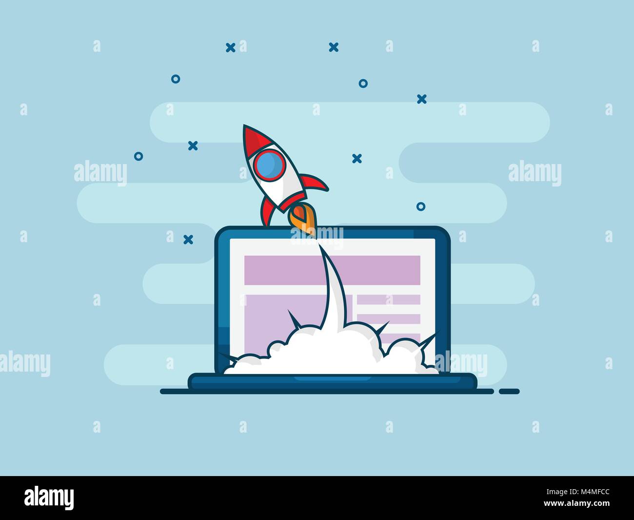 illustration of rocket startup launch from laptop flat line design ...