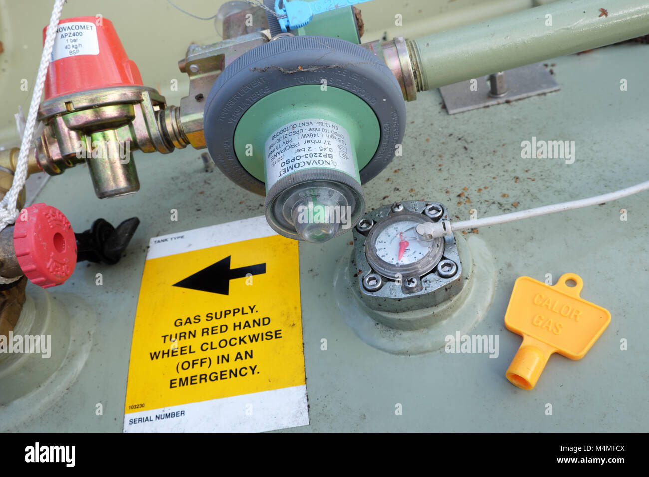 Calor LPG gas tank meter and valves Stock Photo