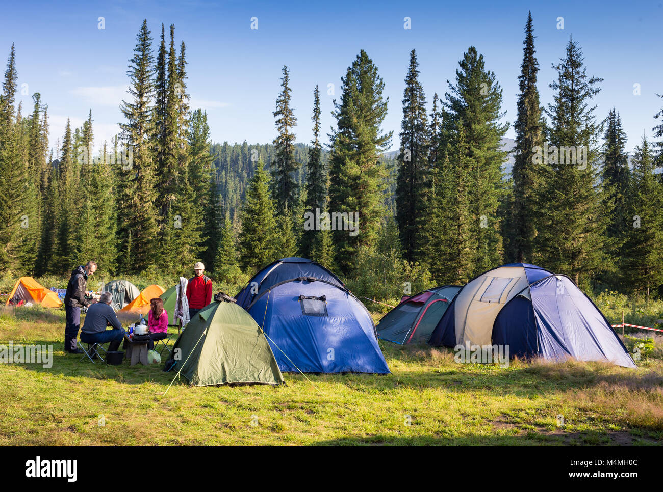 Family Enjoying Camping Holiday In Countryside in the forest Stock Photo