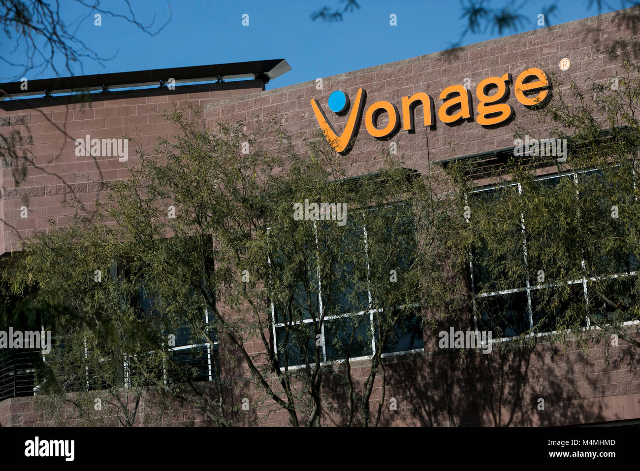 A logo sign outside of a facility occupied by Vonage Holdings Corp., in Scottsdale, Arizona, on