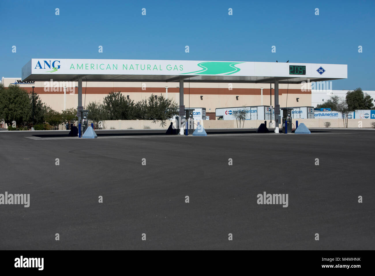 A logo sign outside of a American Natural Gas filling station in Phoenix, Arizona, on February 4, 2018. Stock Photo