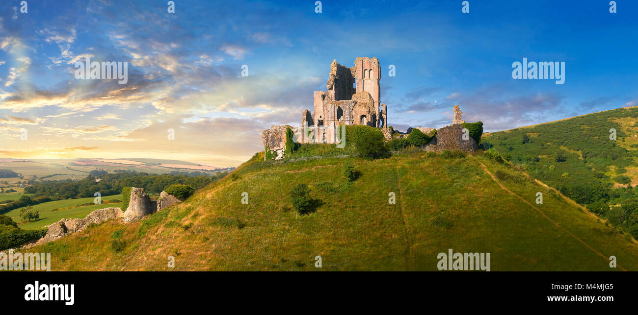 Panorama of Medieval Corfe castle keep  close up  sunrise, built in 1086 by William the Conqueror, Dorset England Stock Photo