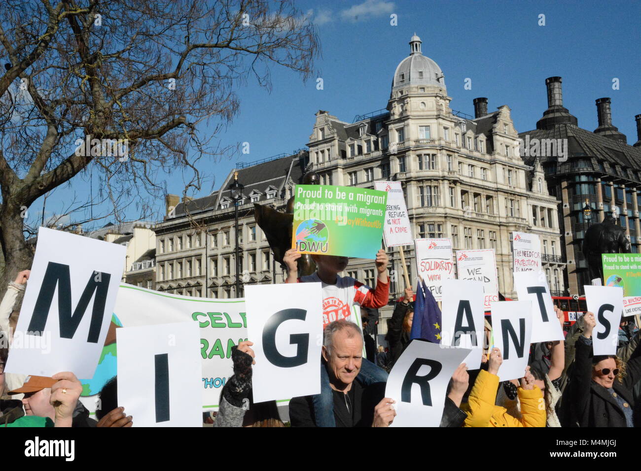 Rally with Banners in Parliament Square, London, by 1 Day Without Us 17th February 2018. Stock Photo