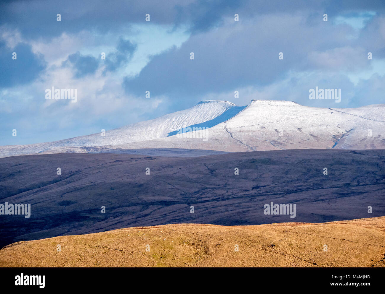 Distant view of the snow capped peaks of Pen y Fan and Corn Du the highest and second highest summits in the Brecon Beacons South Wales UK Stock Photo