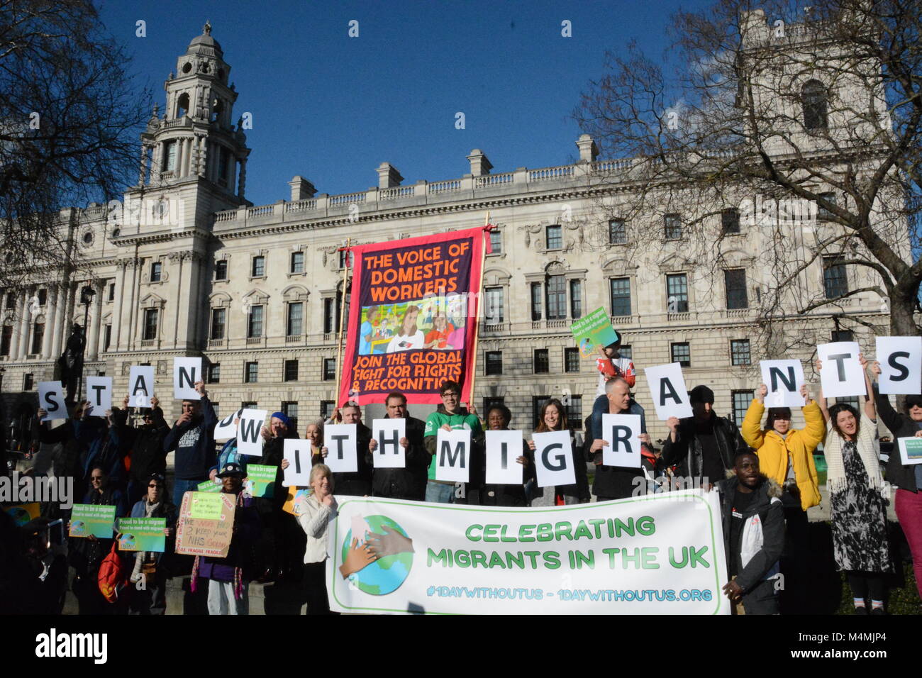 Rally with Banners in Parliament Square, London, by 1 Day Without Us 17th February 2018. Stock Photo