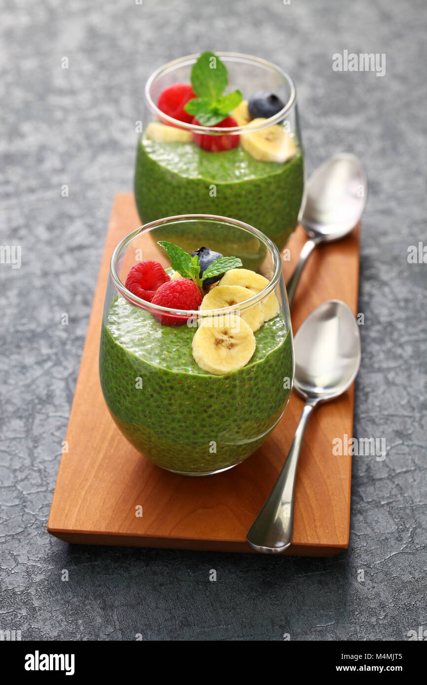 homemade matcha green tea chia seed pudding, vegan dessert Stock Photo