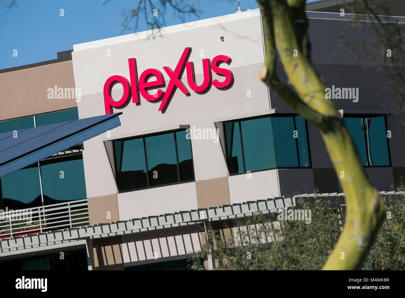 A logo sign outside of the headquarters of Plexus Worldwide in Scottsdale, Arizona, on February 4, 2018. Stock Photo