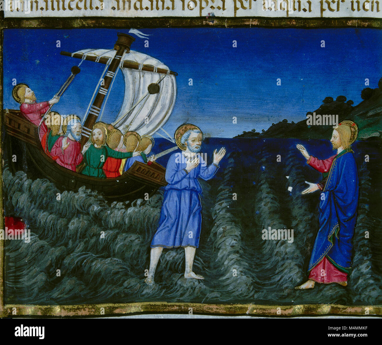Peter walked on the water towards Jesus. Codex of Predis, 1476. Royal Library. Turin. Italy. Stock Photo
