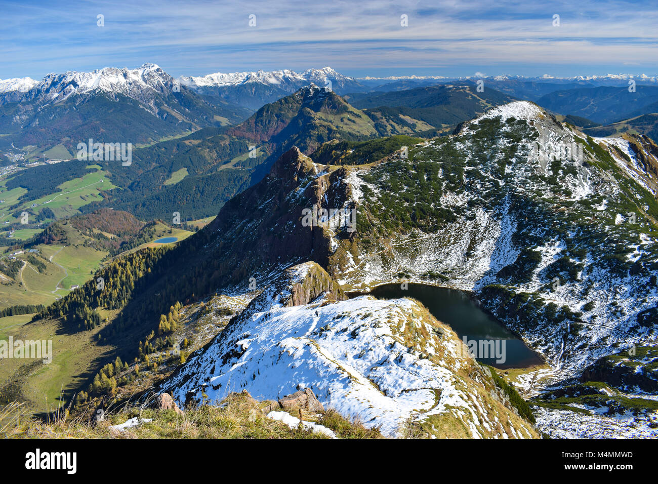 panoramic view from peak of Mt. Wildseeloder towards lake Wildsee, Henne, the valley of Fieberbrunn and the Leoganger Steinberge mountains, Tyrol, Aus Stock Photo