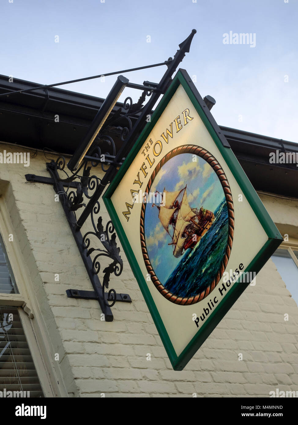 LEIGH-ON-SEA, ESSEX, UK - FEBRUARY 16, 2018:   sign above The Mayflower Pub at Old Leigh Stock Photo