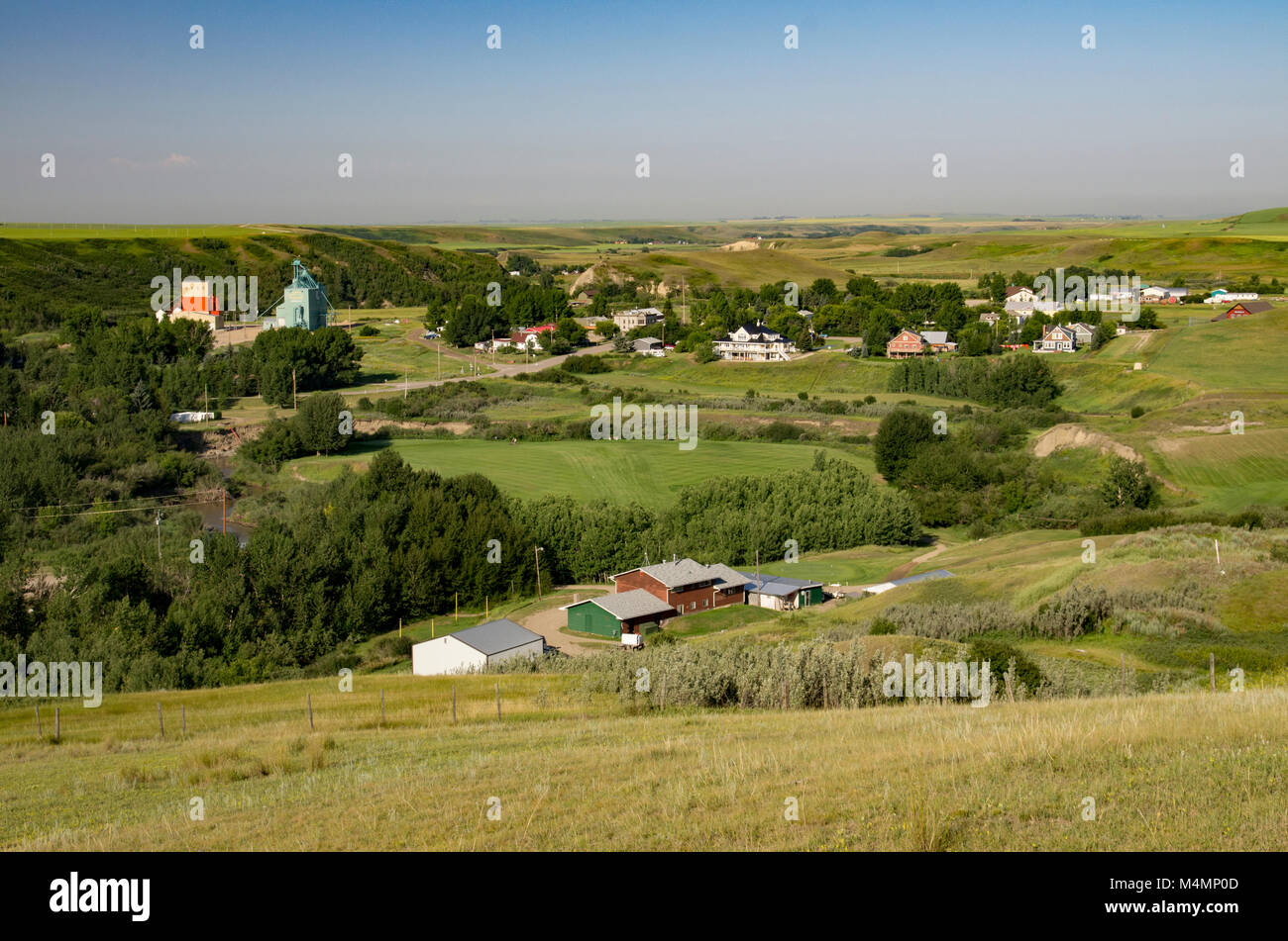 Rosebud, Alberta, Canada.  Looking west on a summer morning at the hamlet that is home to the Rosebud Theatre. Stock Photo