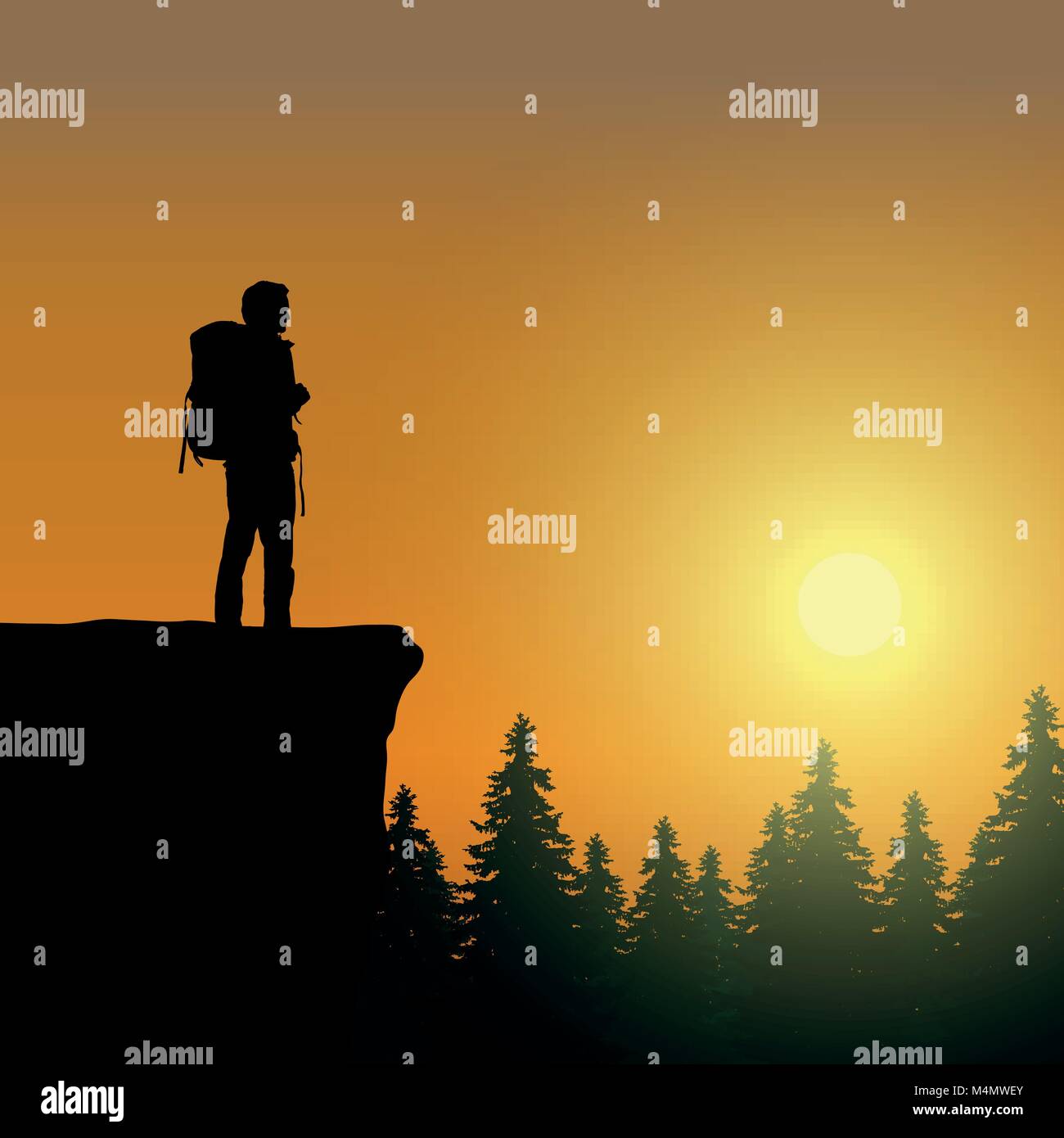 Vector illustration of mountain landscape with forest, rising sun and