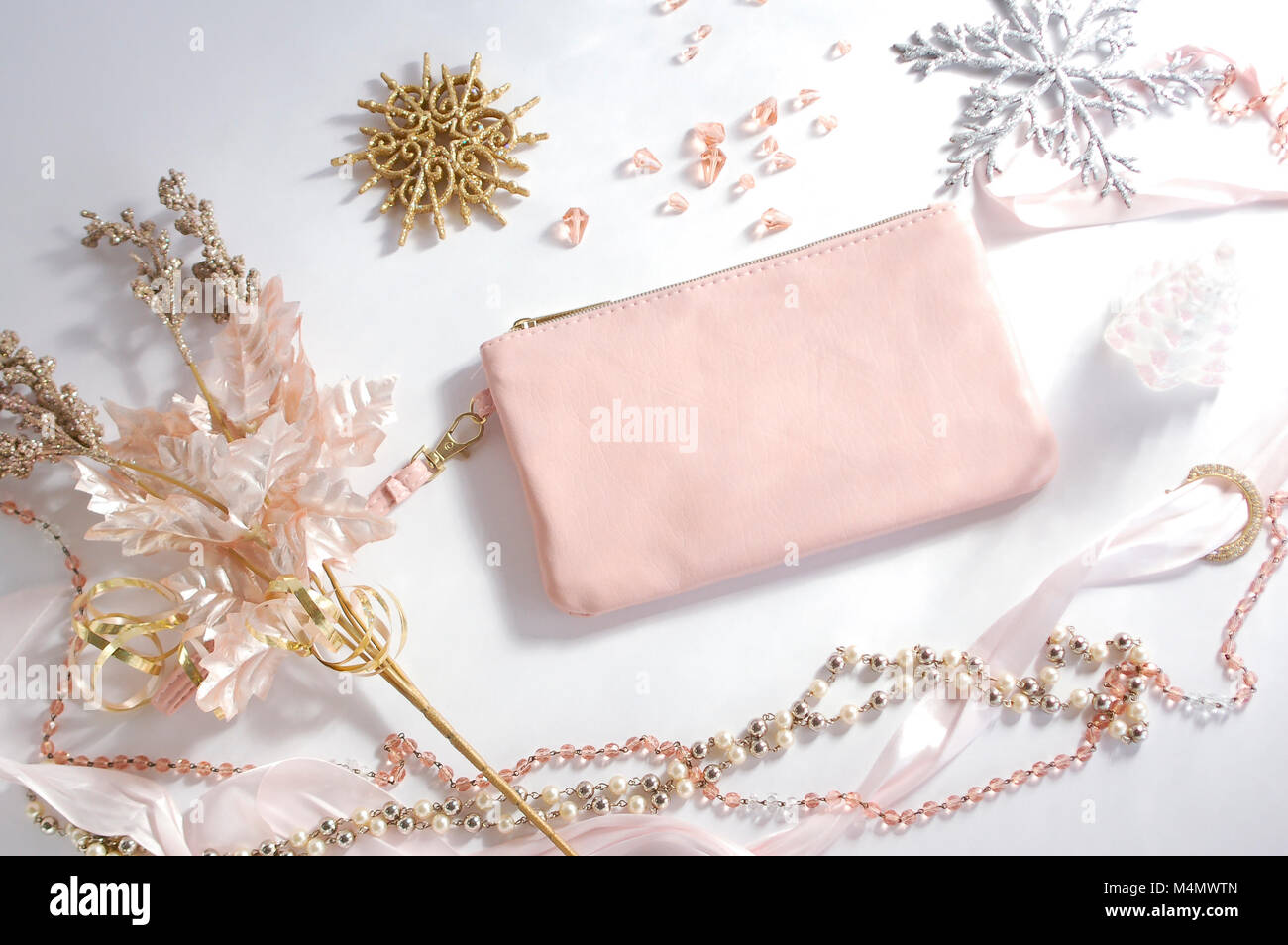 Pink Fashion Purse with Winter Decorations Stock Photo Alamy