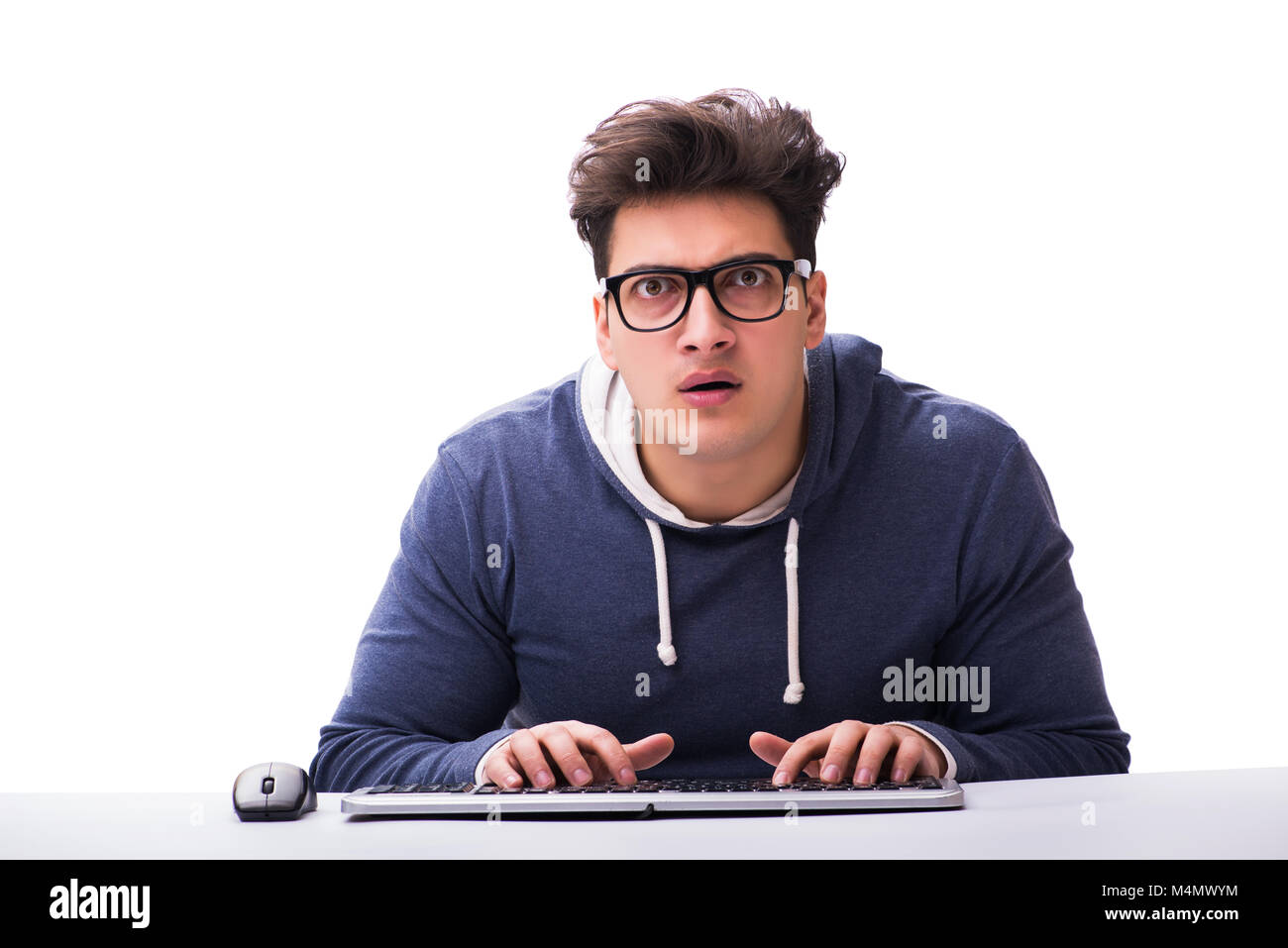 Funny nerd man working on computer isolated on white Stock Photo - Alamy