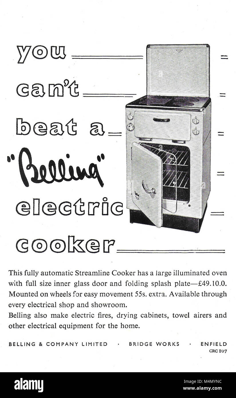 Belling electric cooker oven advert, advertising in Country Life magazine UK 1951 Stock Photo