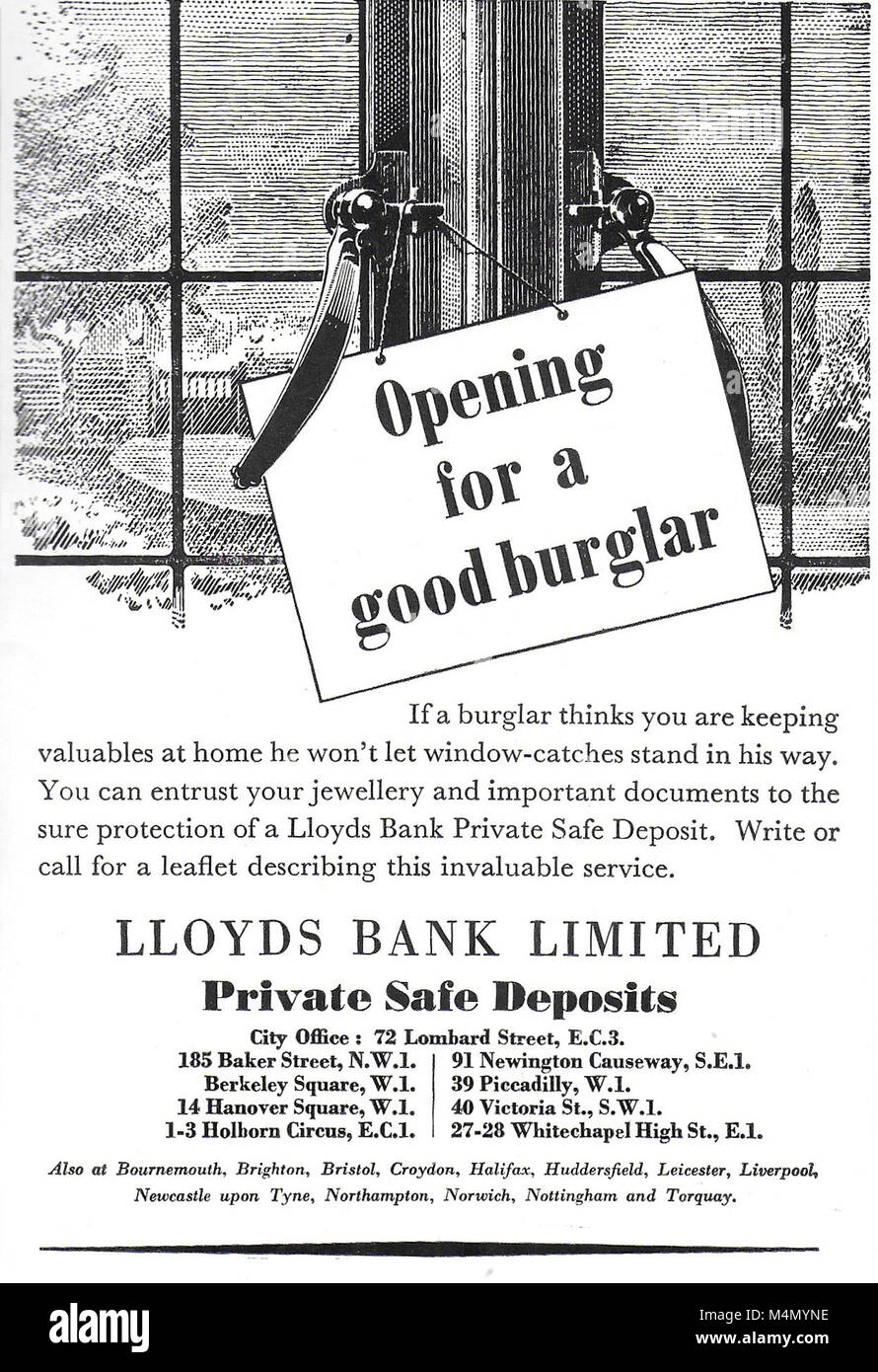 Lloyds bank private safe deposits advert, advertising in Country Life magazine UK 1951 Stock Photo