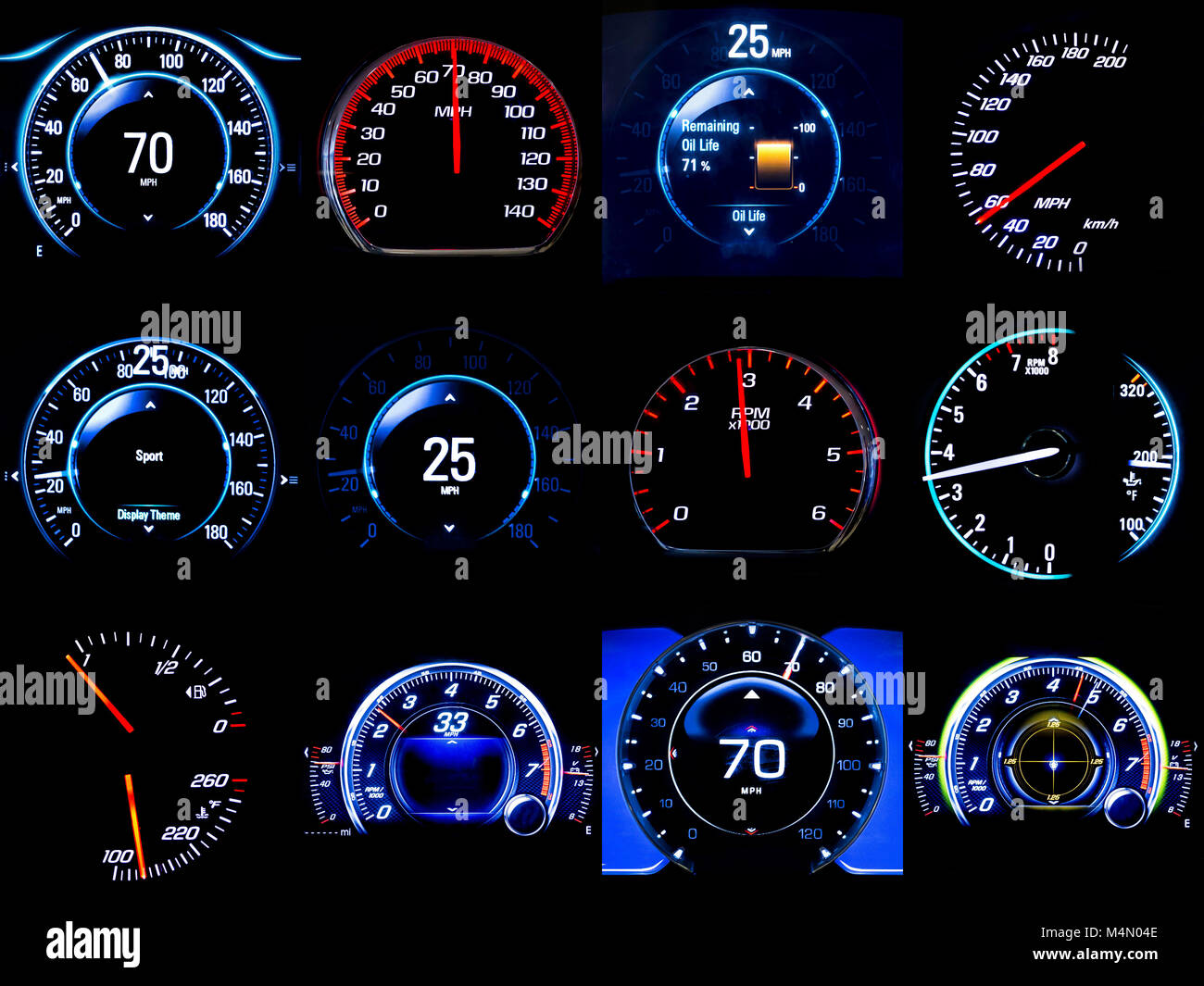 Composite Image Of Dozen Modern Light Car Mileage Dashboard