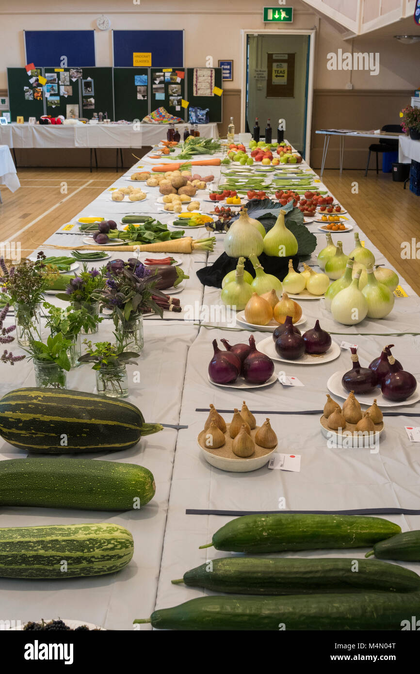 Wide variety of fresh fruit & veg entries displayed on tables, in