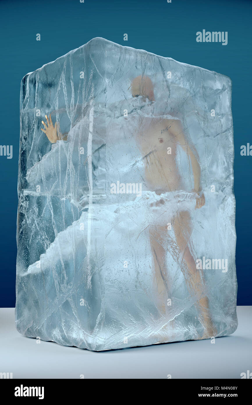 3d render of human frozen in big ice block with cracks and facets. Cryogenics extreme temperatures disaster storage conept illustration Stock Photo