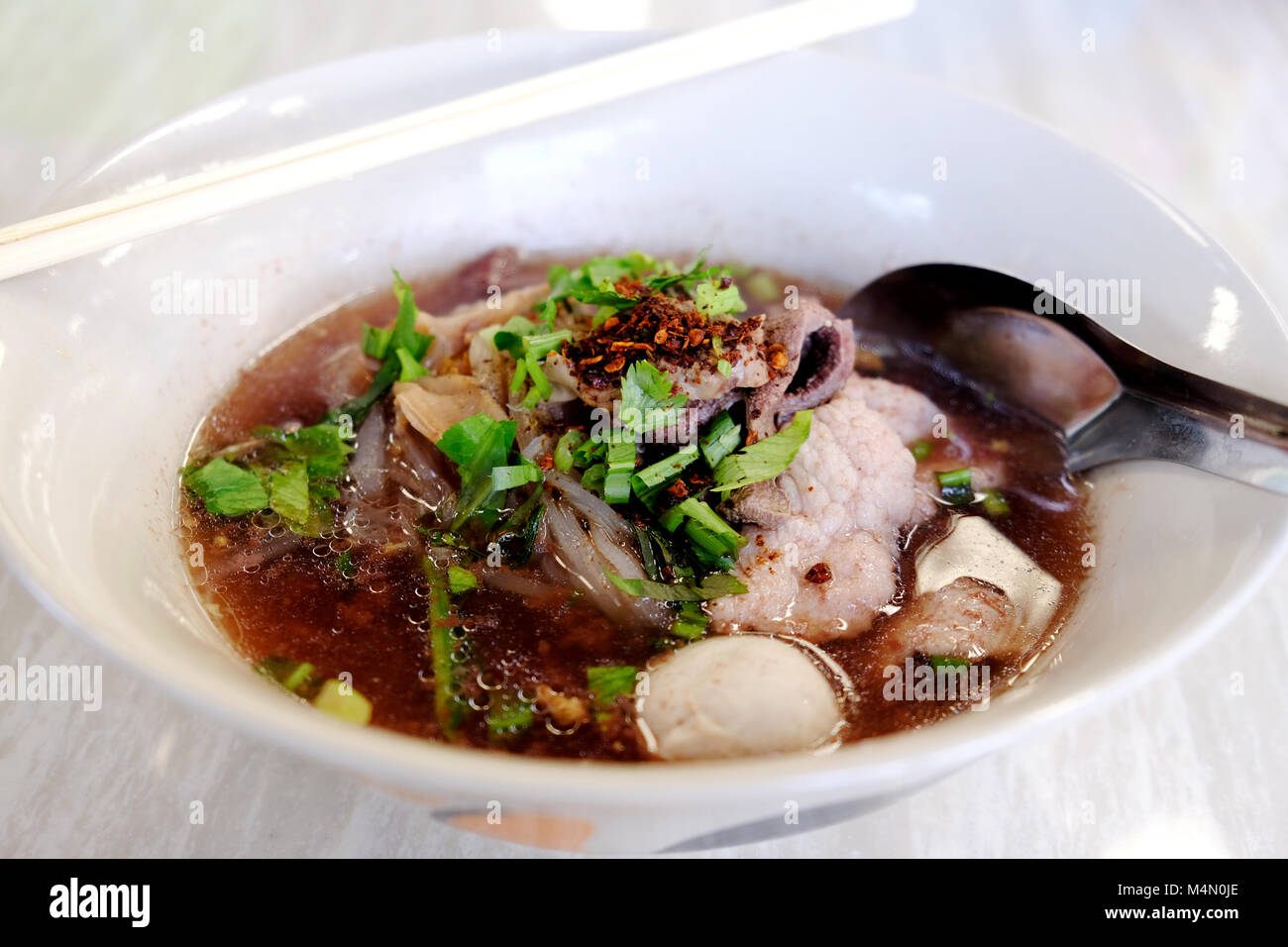 Hot Thai pork noodle with spicy chilli Stock Photo