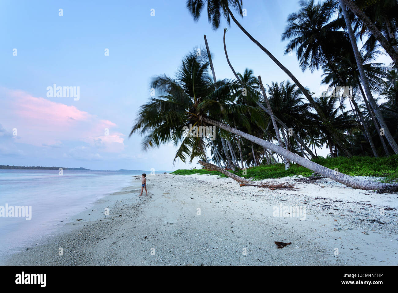 Young western boy standing on a beautiful tropical beach under palm ...
