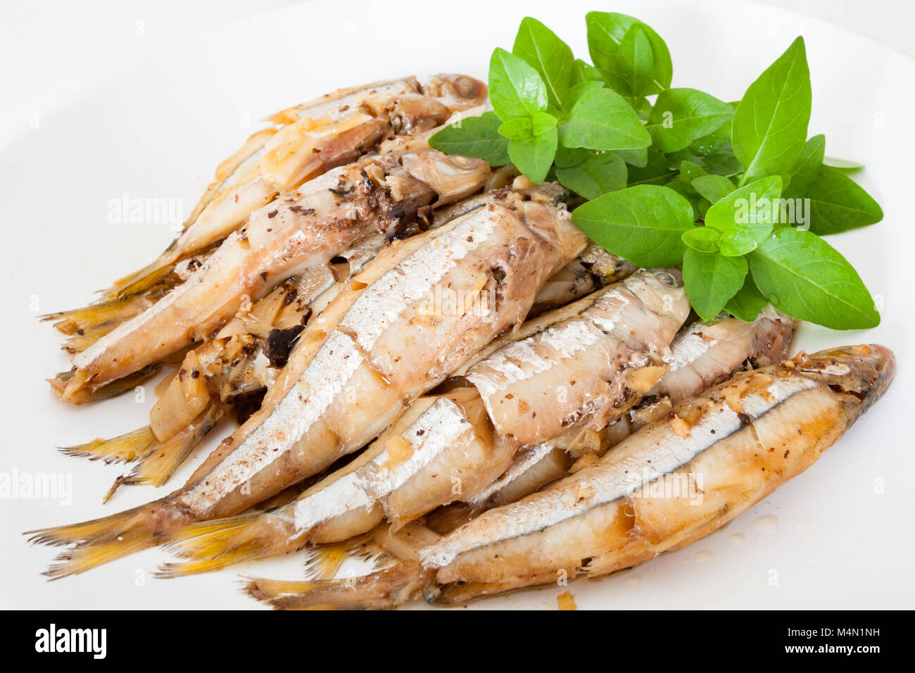 Manjuba (in Portuguese), Broadband anchovy (Anchoviella lepidentostole) simmered with sugar, salt, ginger, soy sauce, rice wine, basil Stock Photo