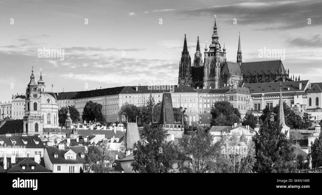 Sunrise view on Hradcany castle,churches and chapels in beautiful Prague city, Czech Republic Stock Photo