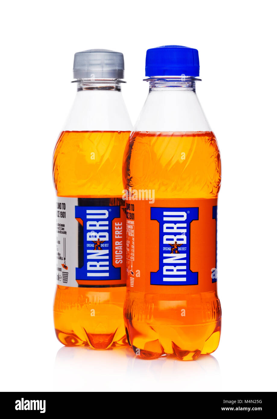 LONDON, UK - FEBRUARY 14, 2018: Small plastics bottle of IRN BRU orange soft drink on white background. Stock Photo