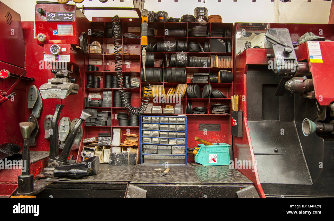 High Street shoe repair desk, work, old, shoemaker, tools, footwear