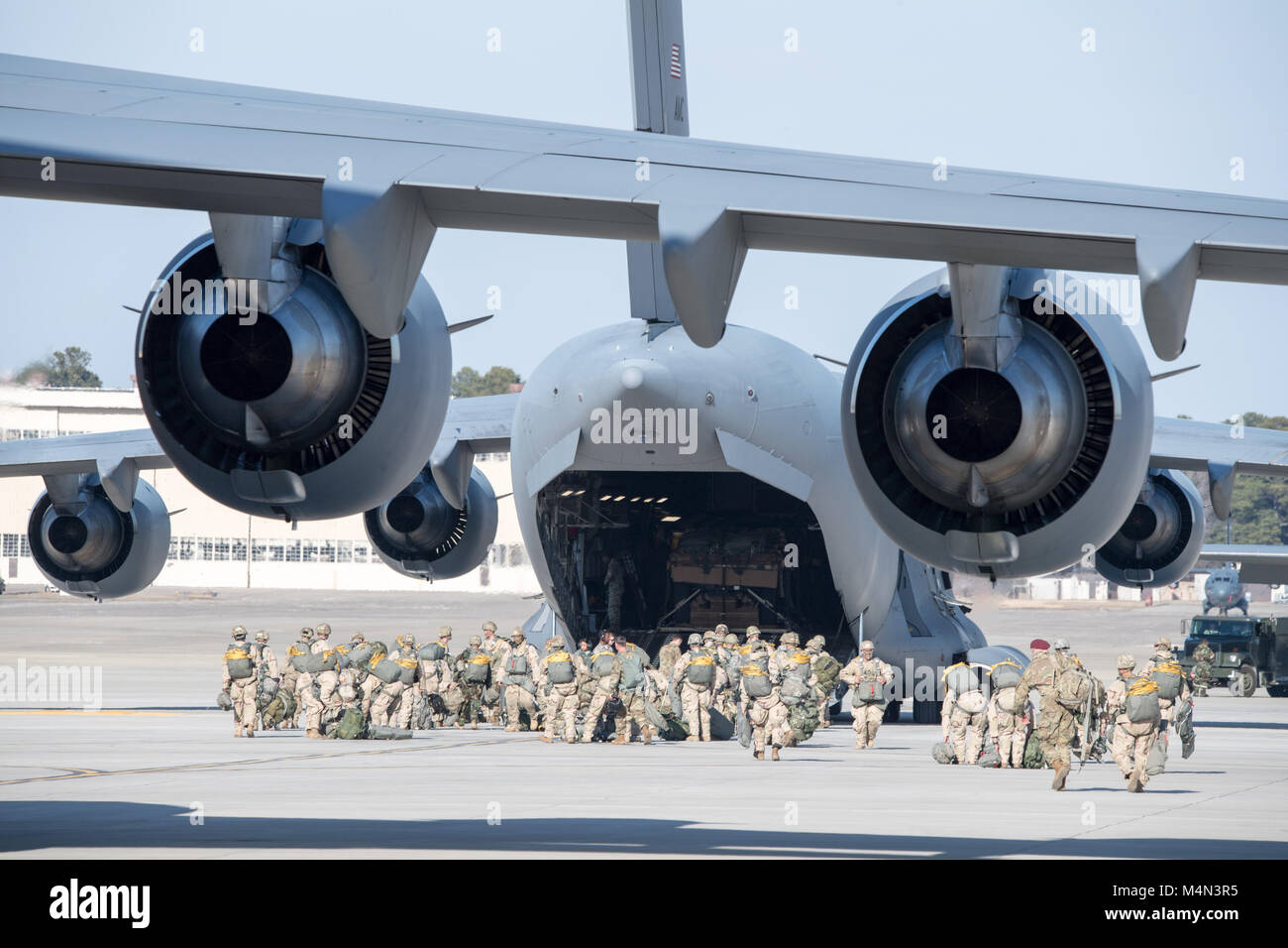 POPE ARMY AIRFIELD, N.C. — Soldiers from the 82nd Airborne Division at Fort Bragg prepare to