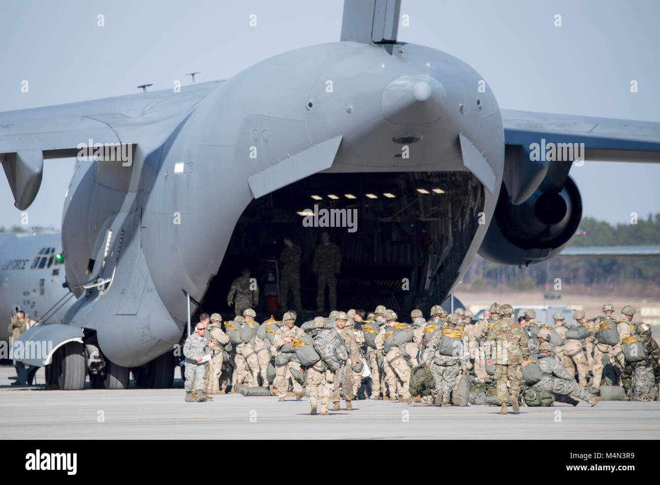 POPE ARMY AIRFIELD, N.C. — Soldiers from the 82nd Airborne Division at Fort Bragg prepare to