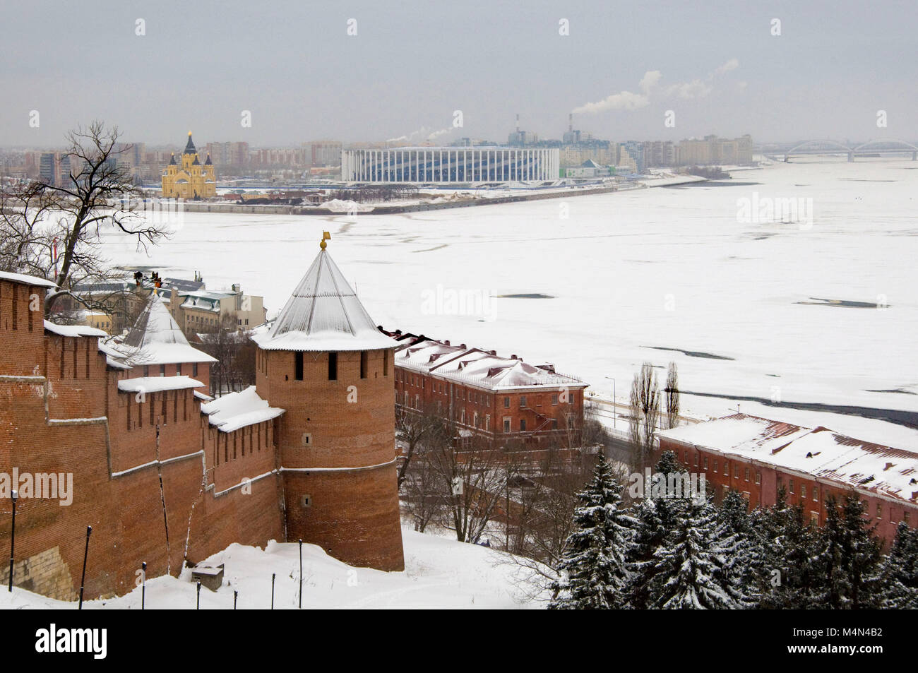 The kremlin of Nizhny Novgorod, Russia, with its World Cup stadium in the background Stock Photo