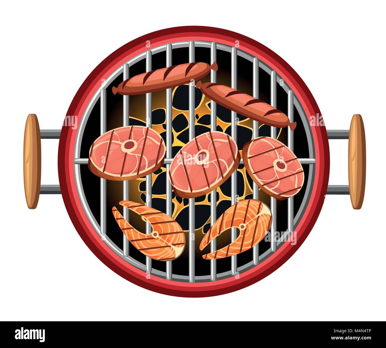Barbecue design elements grill top view burning coals bbq picnic fish